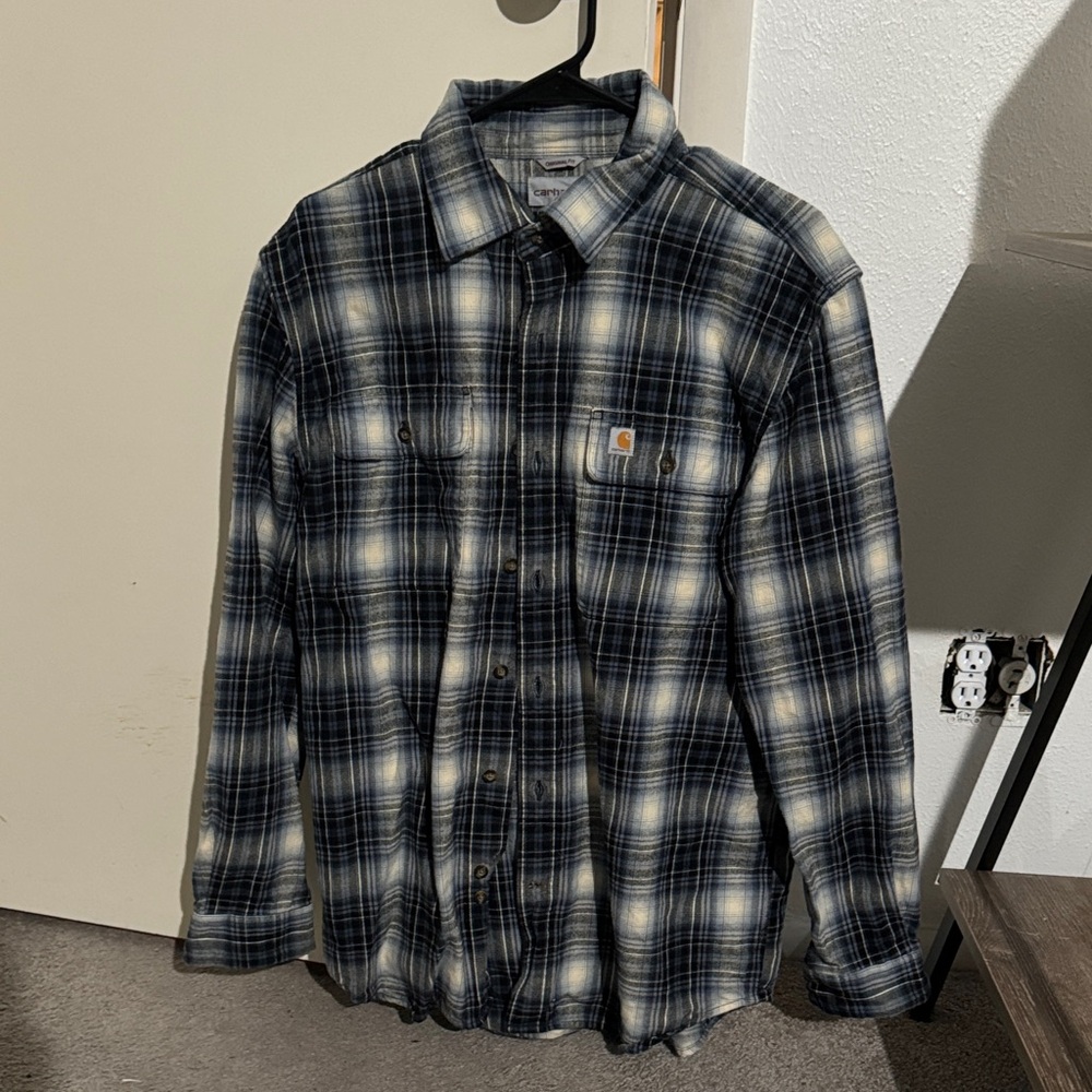 Carhartt Men's Navy and Cream Plaid Shirt